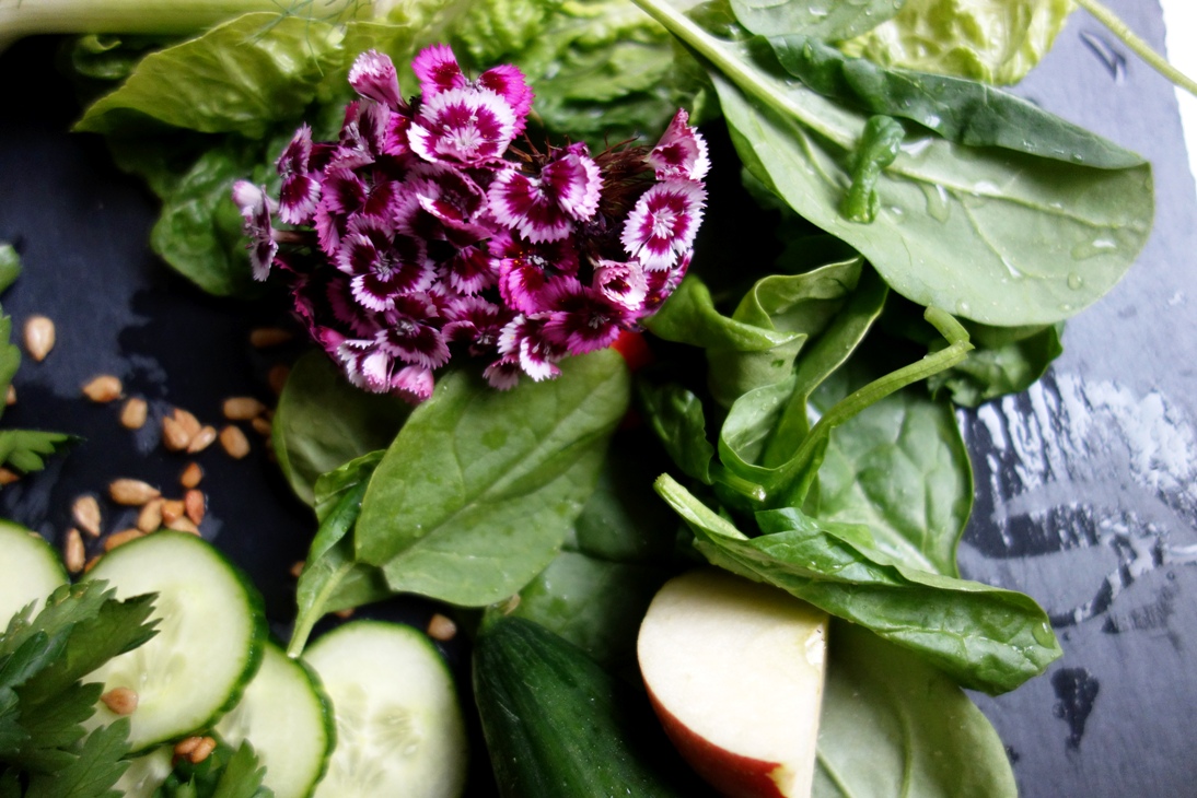 Ingredients with flowers for green juice