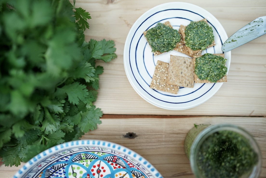 Coriander Pesto on quinoa crackers