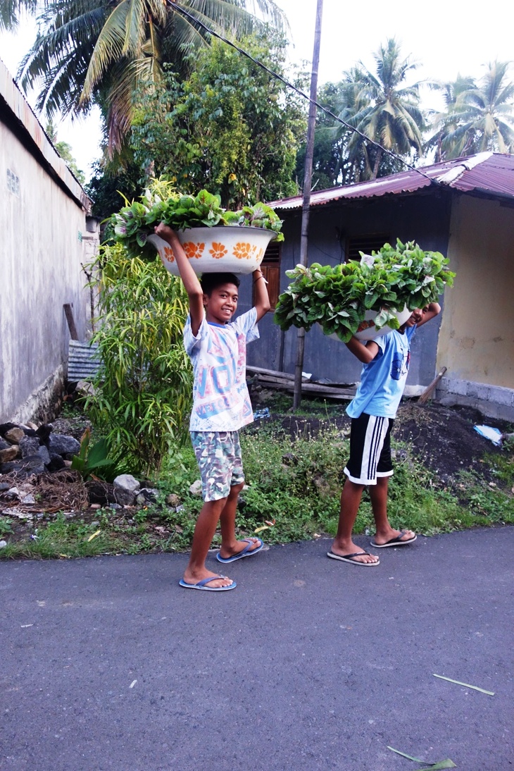 Village boys carrying home greens